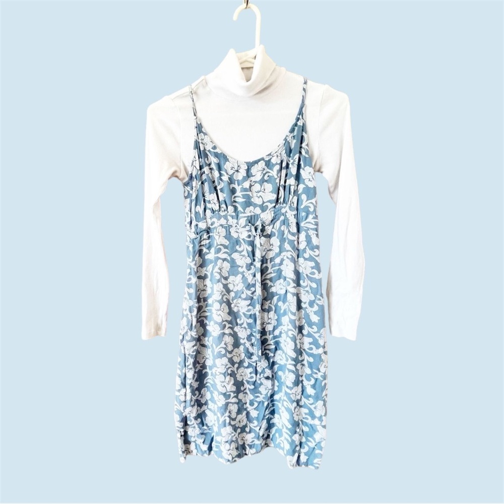 Blue floral dress with white turtle neck